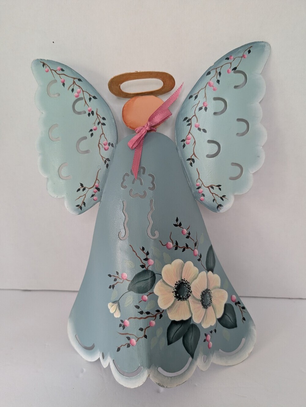 VTG Hand-Painted Metal Tole Blue Floral Angel Wall Decor- Signed